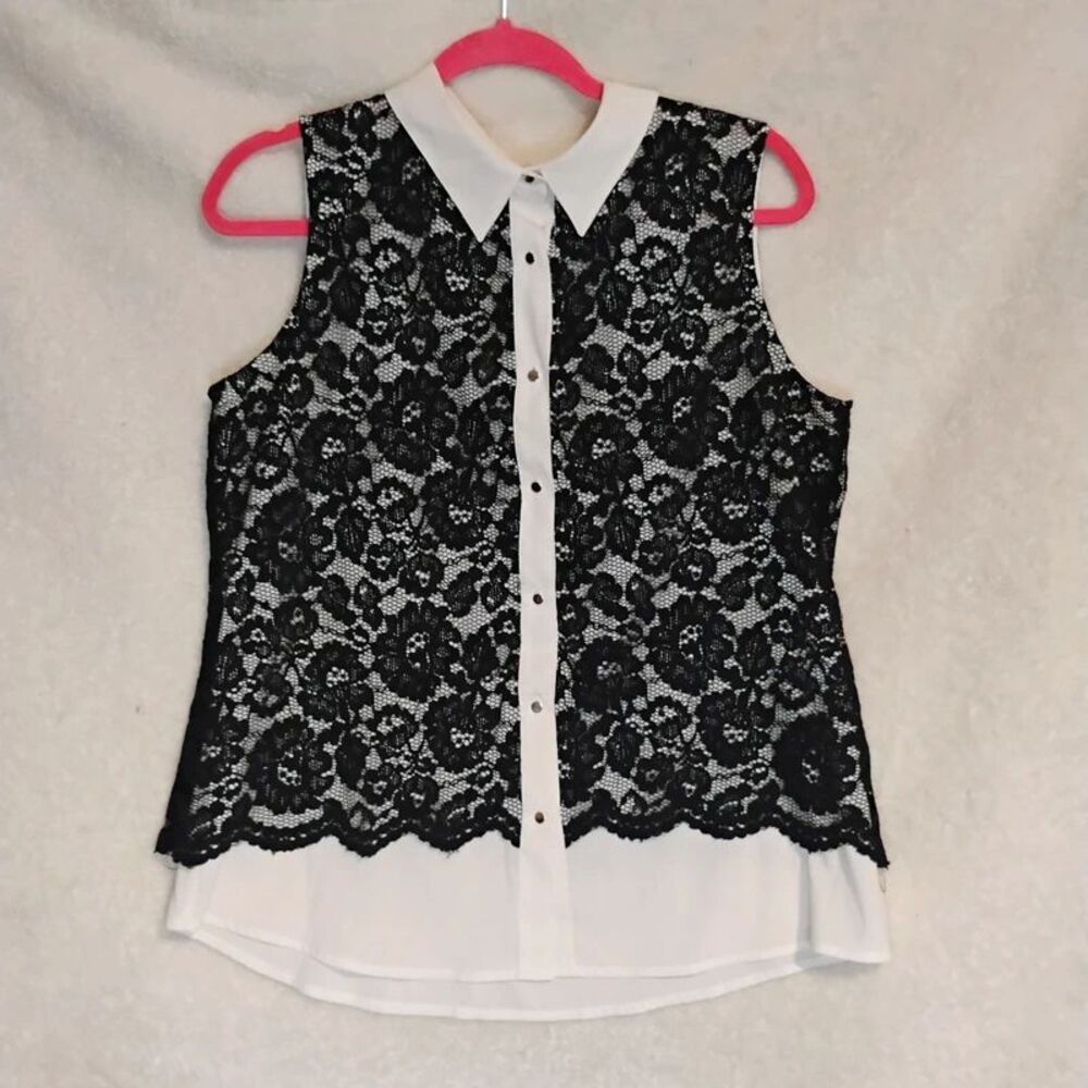 Calvin Klein Lace Overlay Sleeveless Button Front Blouse Size Large